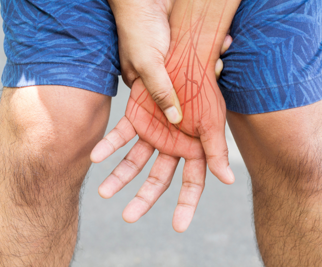 A person holding their hand with highlighted nerve pathways, representing nerve pain and relief treatments.